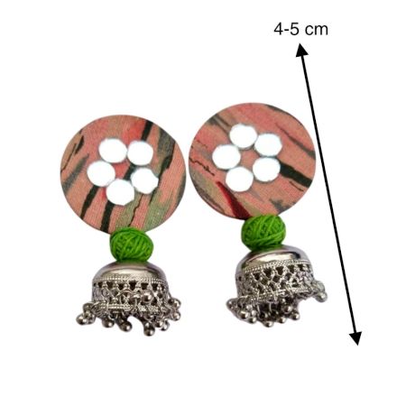 Peach and Green Printed Round Earrings With Silver Jhumki
